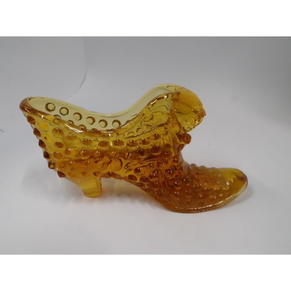 Vintage 1970's Art Glass Fenton Amber Hobnail Cats Head Slipper Shoe Small Chip - Picture 1 of 4